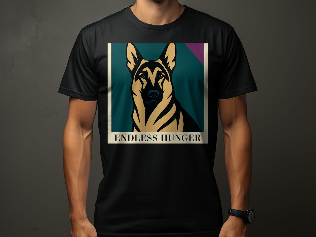 Black t-shirt with a German Shepherd portrait and text "ENDLESS HUNGER".