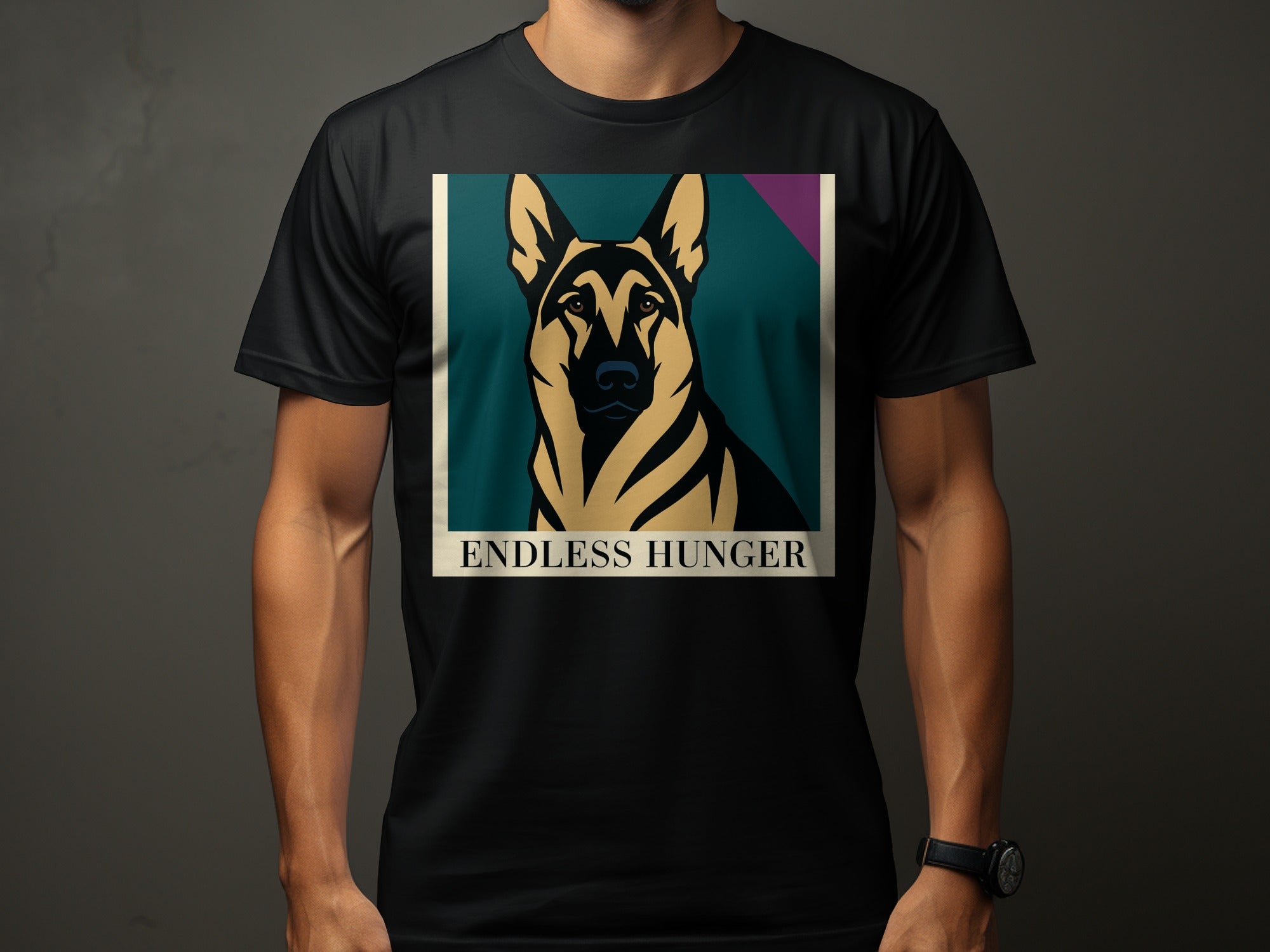 Black t-shirt with a German Shepherd portrait and text "ENDLESS HUNGER".
