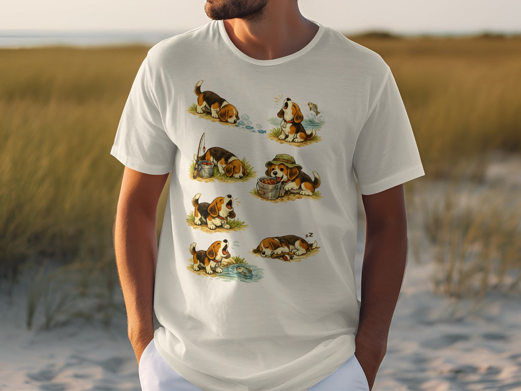 White t-shirt with watercolor illustration of beagles fishing and napping.