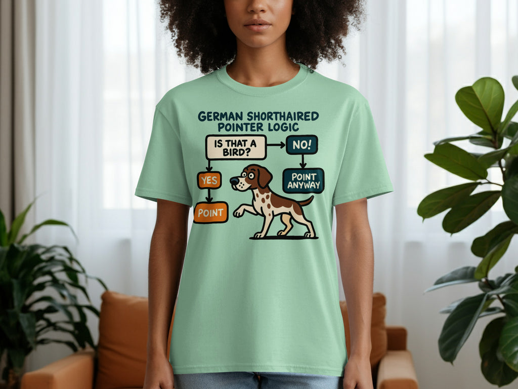 German Shorthaired Pointer Logic flowchart with dog illustration on light green t-shirt.