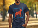 Stylish graphic tee with red dog design on blue shirt