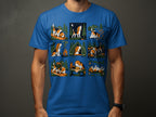 Illustration of beagles camping in various outdoor scenes on a blue t-shirt.