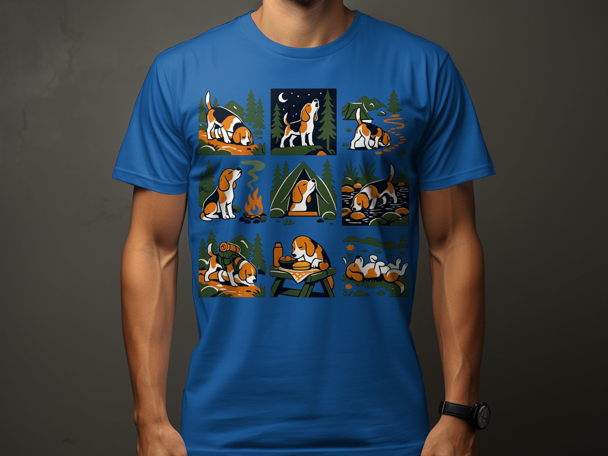 Illustration of beagles camping in various outdoor scenes on a blue t-shirt.