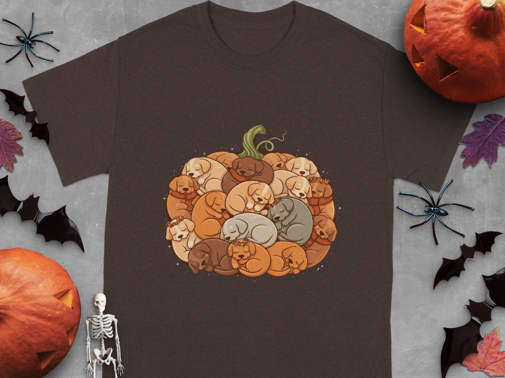 Cozy Sleeping Puppies Inside Pumpkin T-Shirt