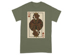 Dog depicted as the Queen of Hearts playing card on a green t-shirt.