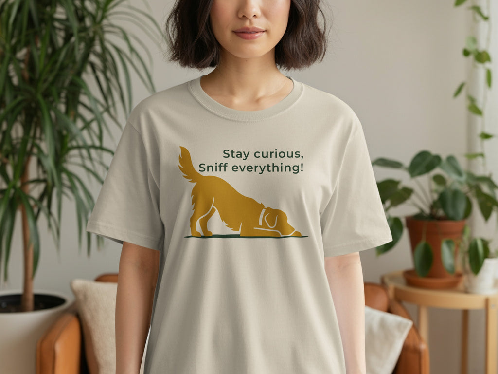 Tan t-shirt with a golden dog and text "Stay curious, Sniff everything!".