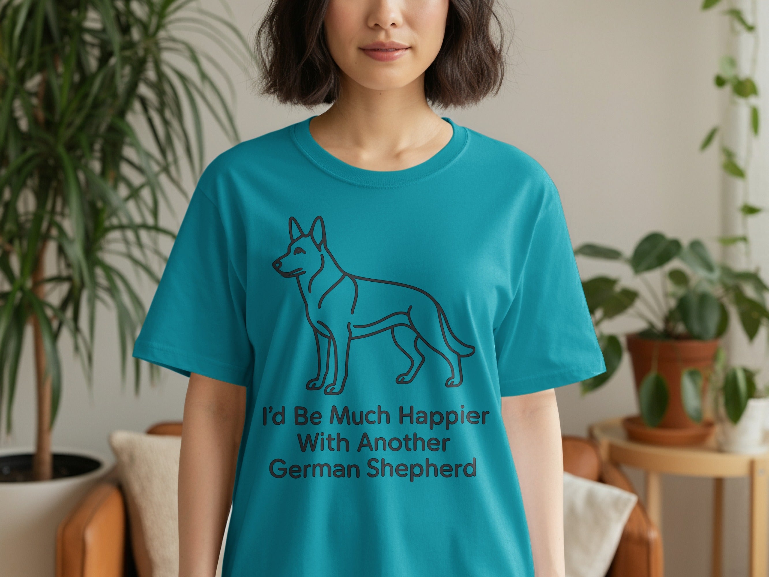 Teal t-shirt with line art German Shepherd and "I'd Be Much Happier With Another German Shepherd" text.