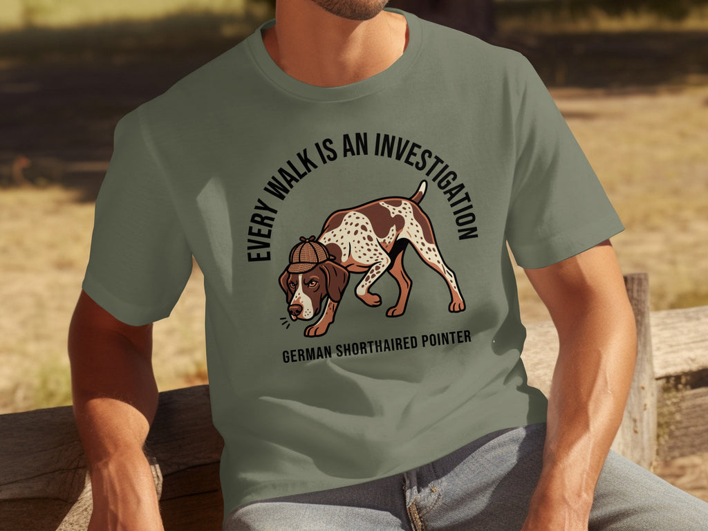German Shorthaired Pointer wearing a detective hat, with text "Every Walk is an Investigation."