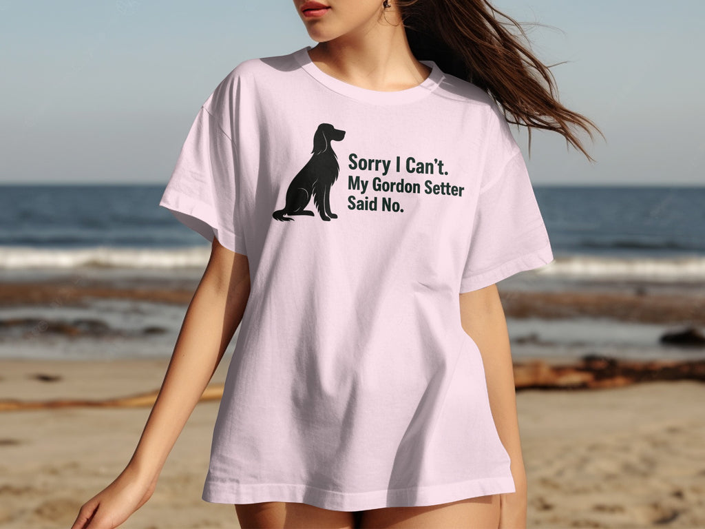 Light pink t-shirt with black Gordon Setter silhouette and text "Sorry I Can't."