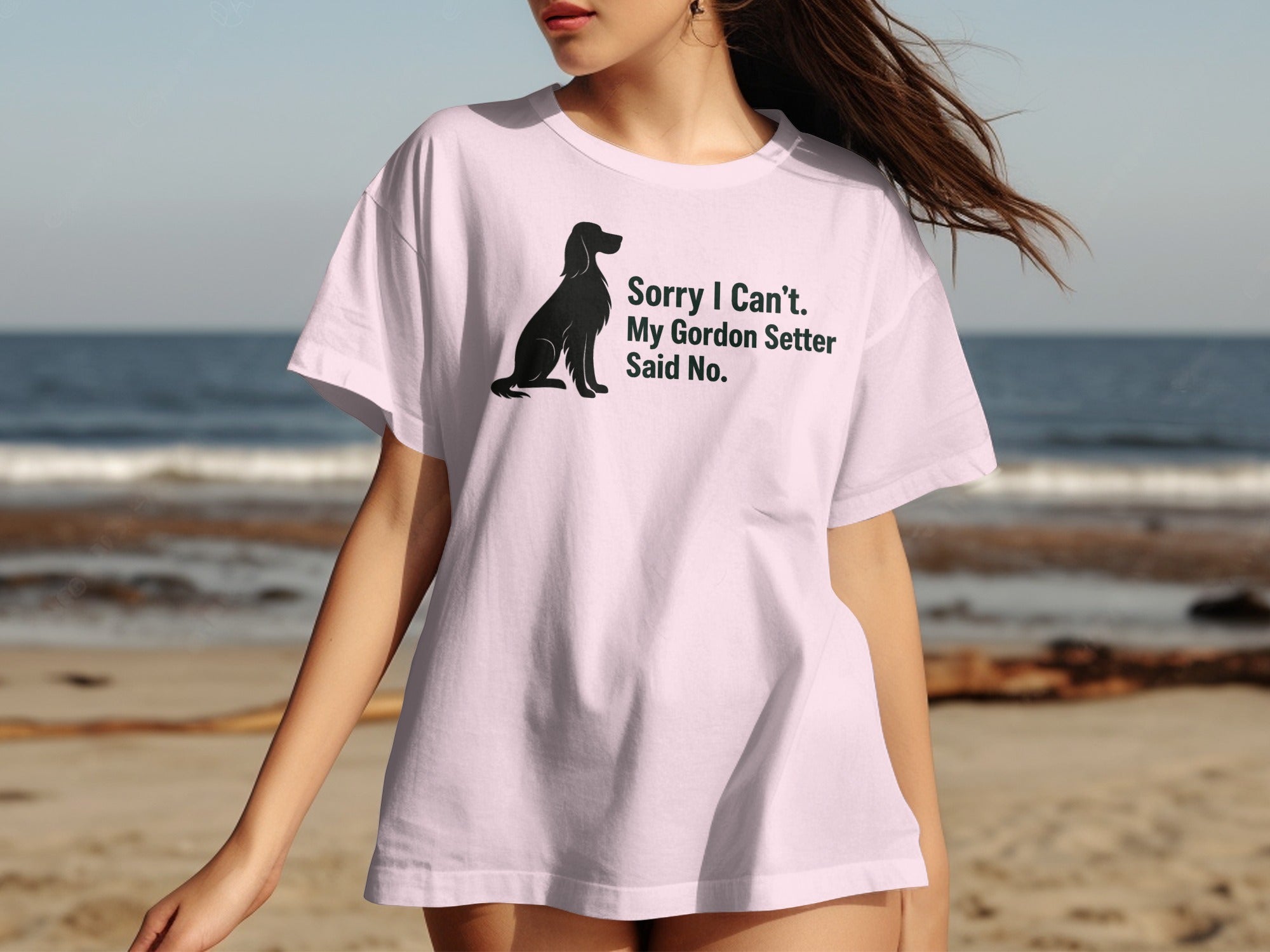 Light pink t-shirt with black Gordon Setter silhouette and text "Sorry I Can't."