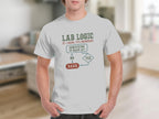 White t-shirt with "Lab Logic" flowchart about barking.
