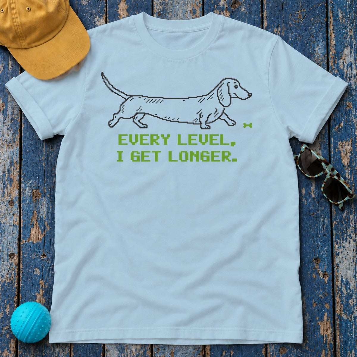Every Level I Get Longer Dachshund T-Shirt in Light Blue - flat lay