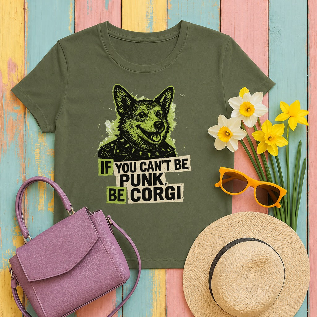 If You Can't Be Punk Be Corgi Funny Corgi Lover T-Shirt in Military Green