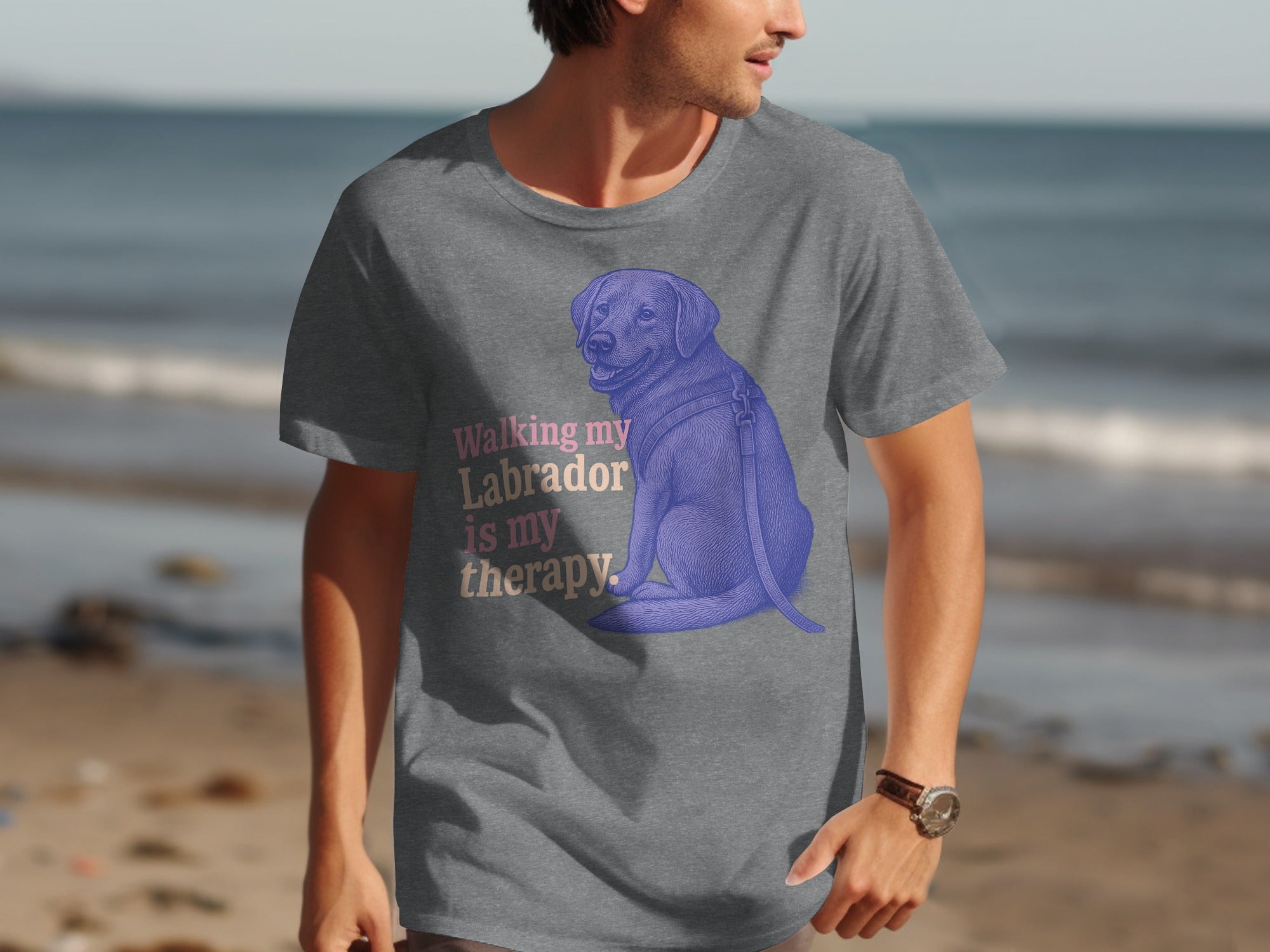 Graphic t-shirt with a purple labrador and the text "Walking my Labrador is my therapy."