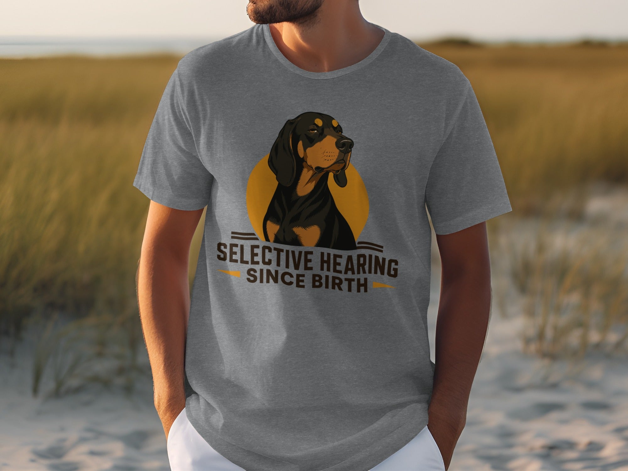 Grey t-shirt with a dog graphic and "SELECTIVE HEARING SINCE BIRTH" text.