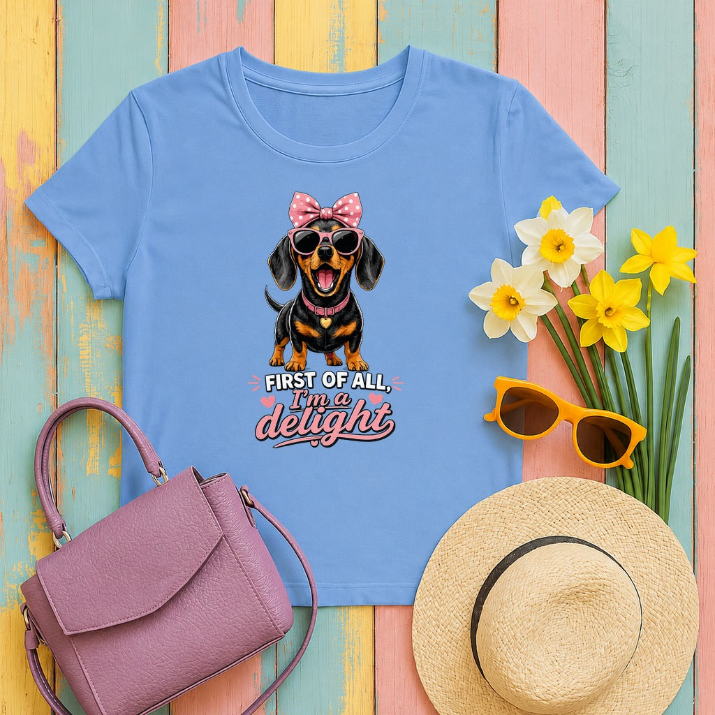 The 'I'm A Delight' Dachshund Graphic T-Shirt in Carolina Blue