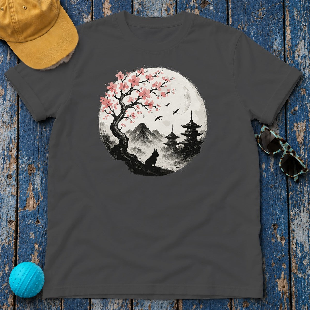 Zen Japanese Scene With French Bulldog Silhouette T-Shirt in Dark Heather