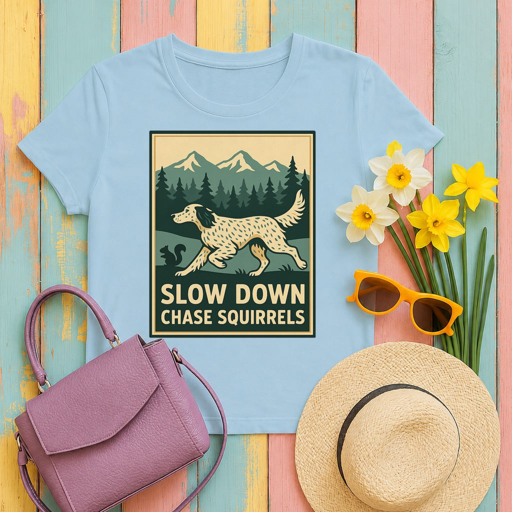 English Setter Chase Squirrels Tee in Light Blue