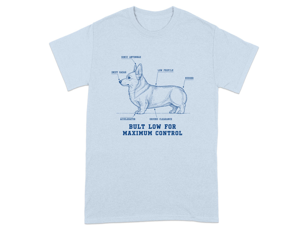 Corgi diagram with labeled parts and text: BULT LOW FOR MAXIMUM CONTROL.