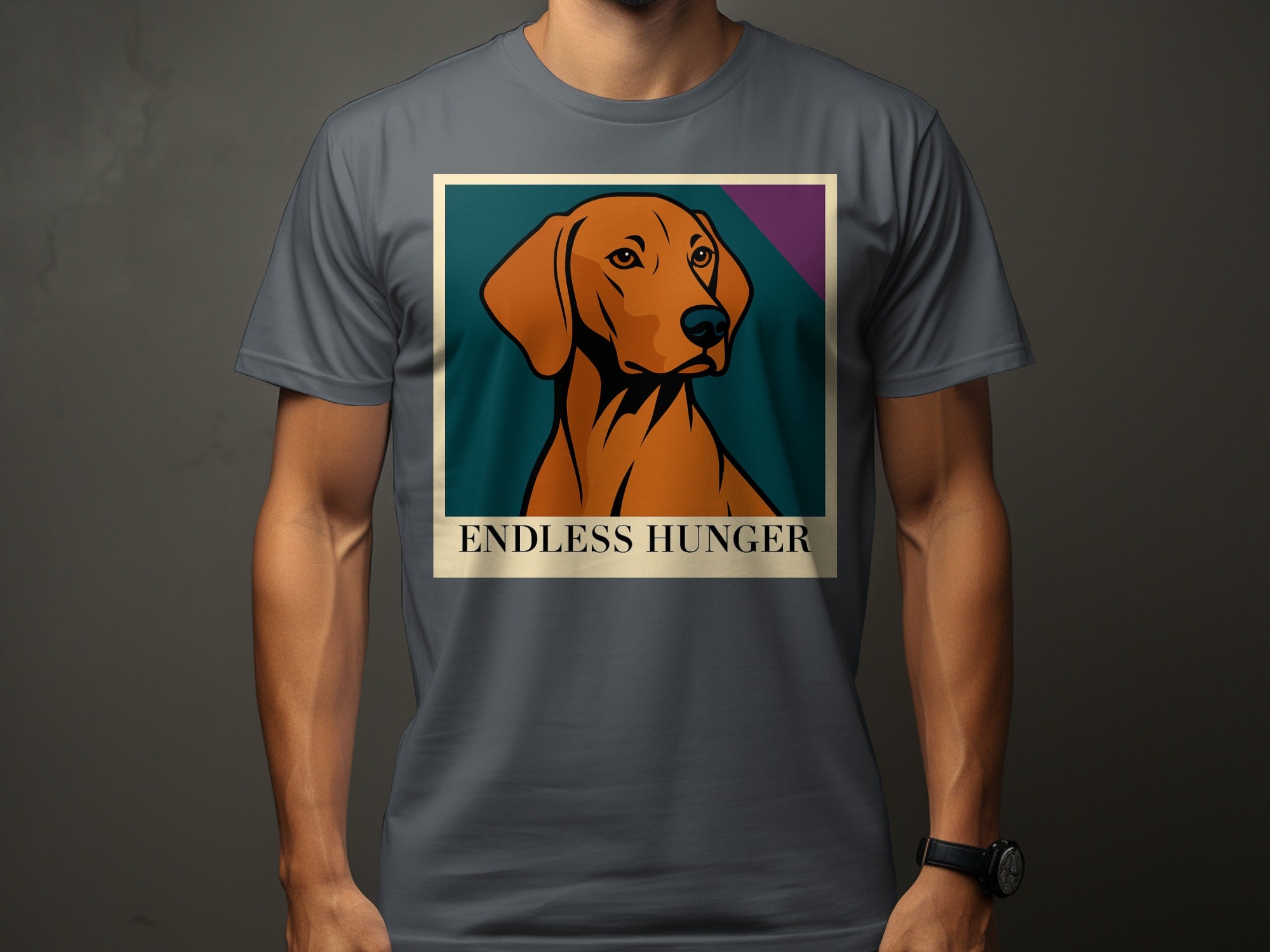 T-shirt with graphic of a brown dog and text "ENDLESS HUNGER".