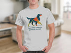 Grey t-shirt with abstract dog graphic and text "feral little creature, perfectly formed".
