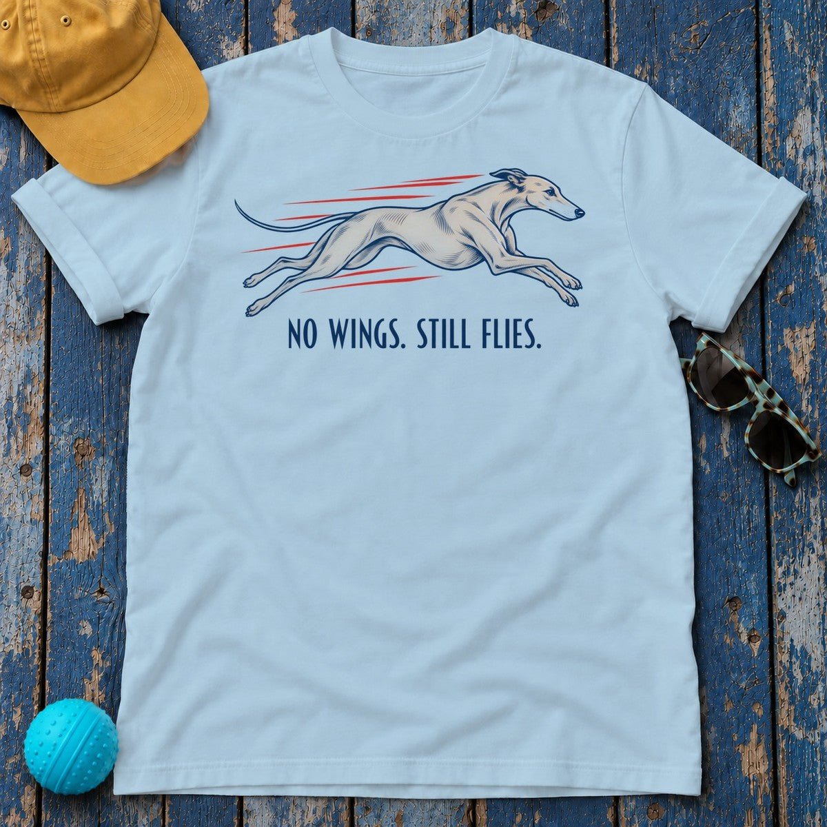 No Wings Still Flies Greyhound T-Shirt in Light Blue - flat lay