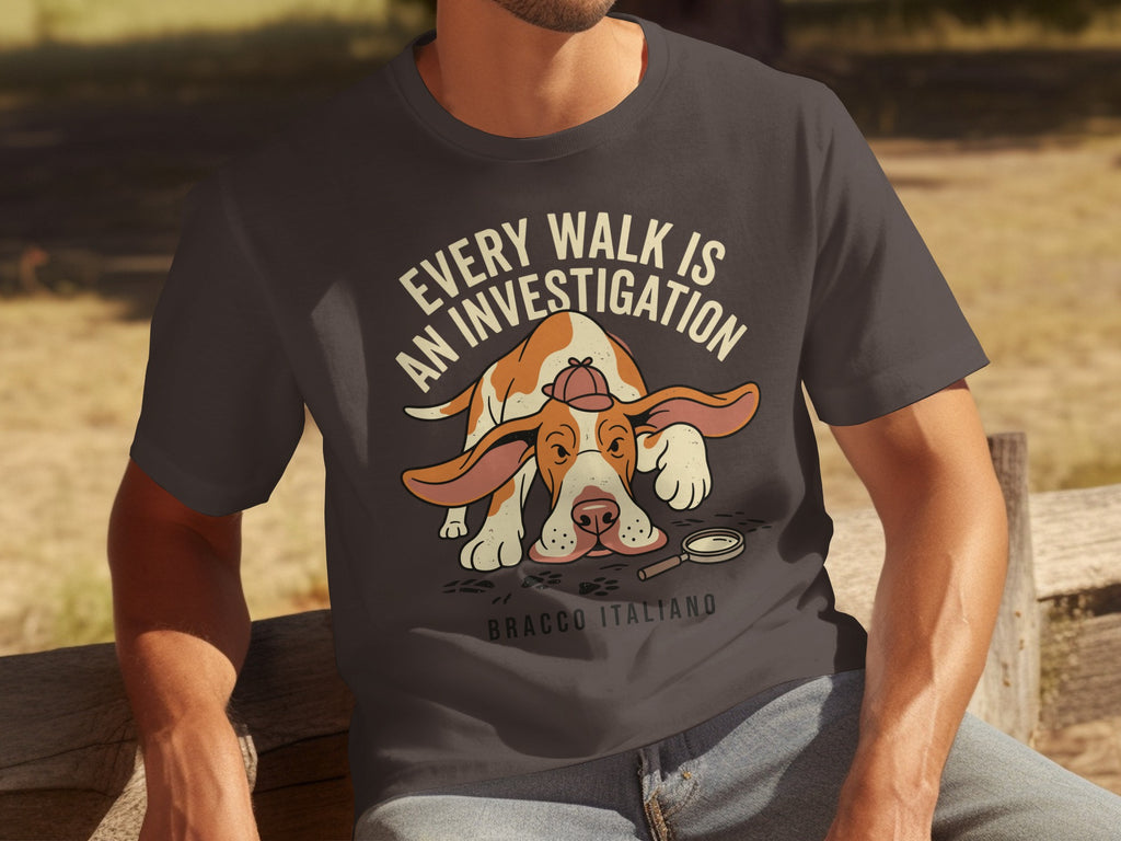 Bracco Italiano dog wearing a detective hat, with magnifying glass and text "Every walk is an investigation".
