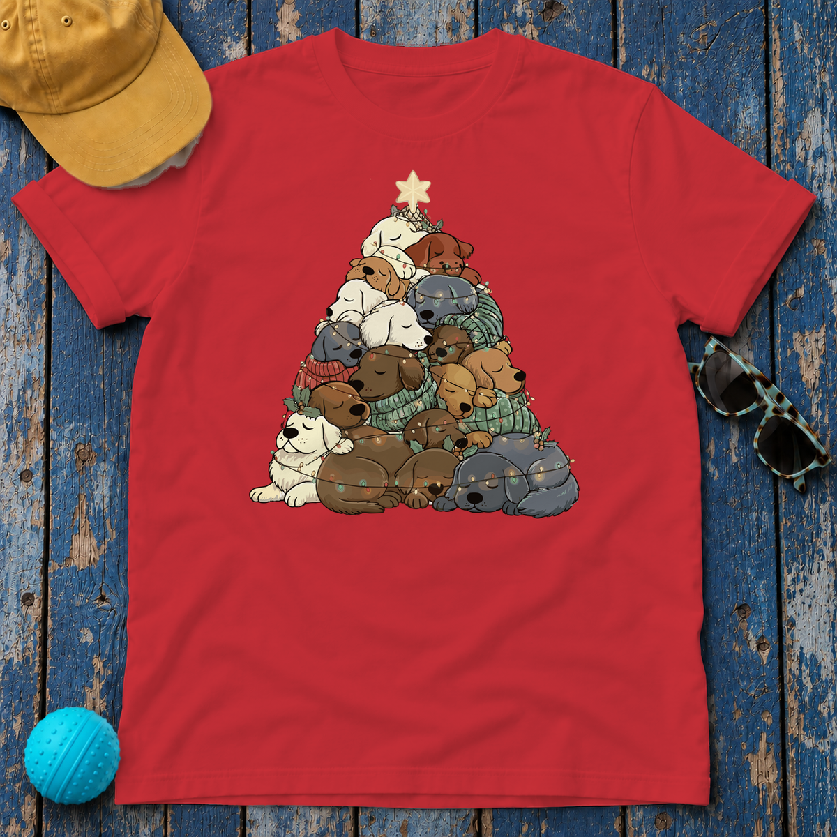 Labrador Retriever Christmas Tree t-shirt in Red, flat lay