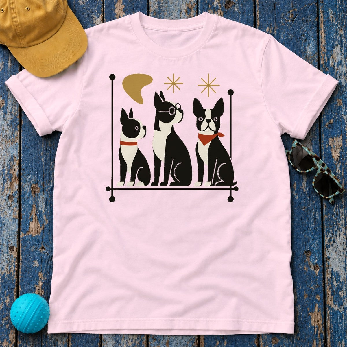 Mid-Century Modern Boston Terriers T-Shirt in Light Pink