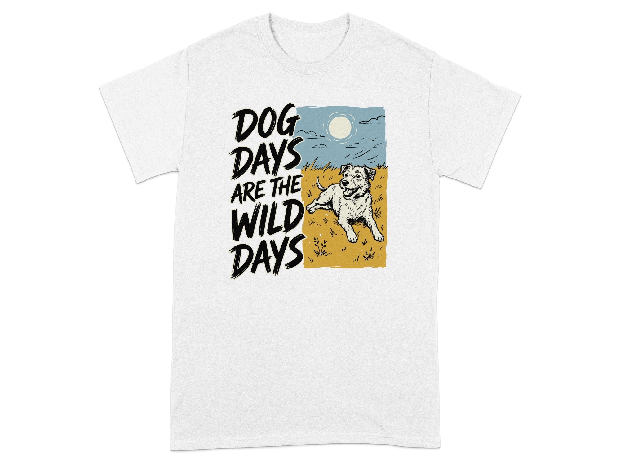 T-shirt with "Dog Days Are The Wild Days" text and dog lying in grass.