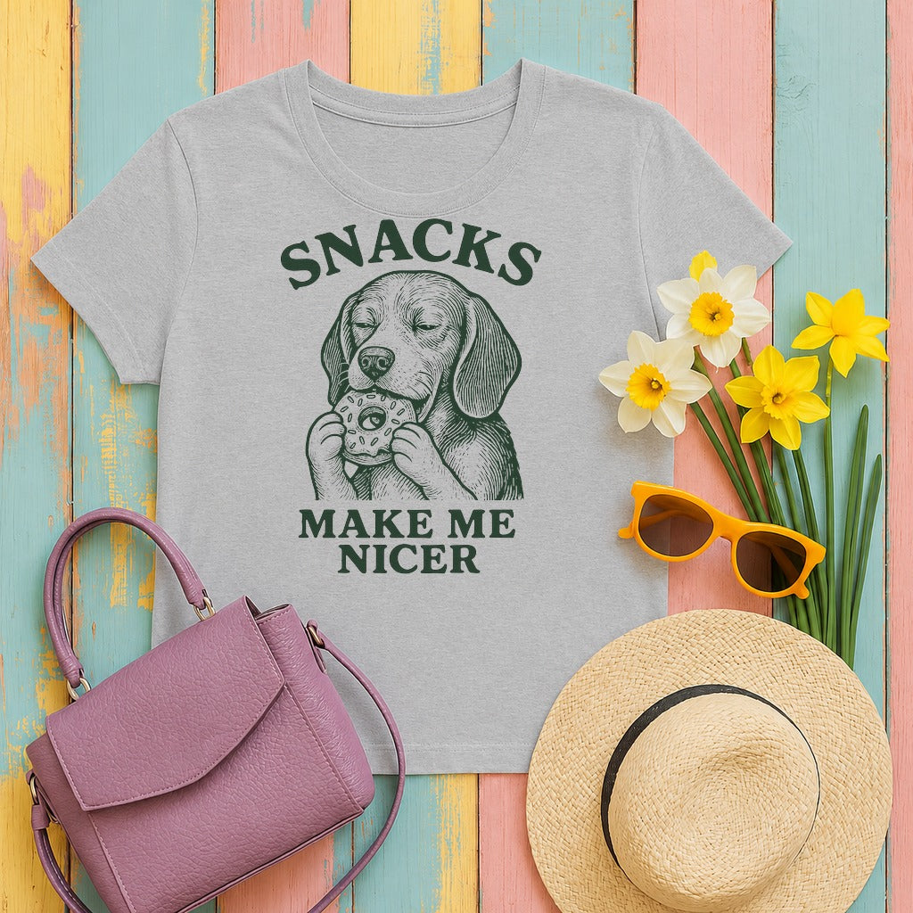 migbackfill snacks-make-me-nicer-dog-with-beagle-t-shirt tee flat lay hero v8
