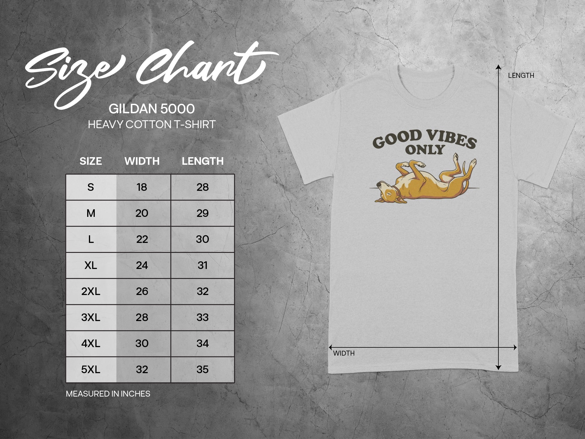 Gildan 5000 size chart for heavy cotton t-shirts with dimensions.