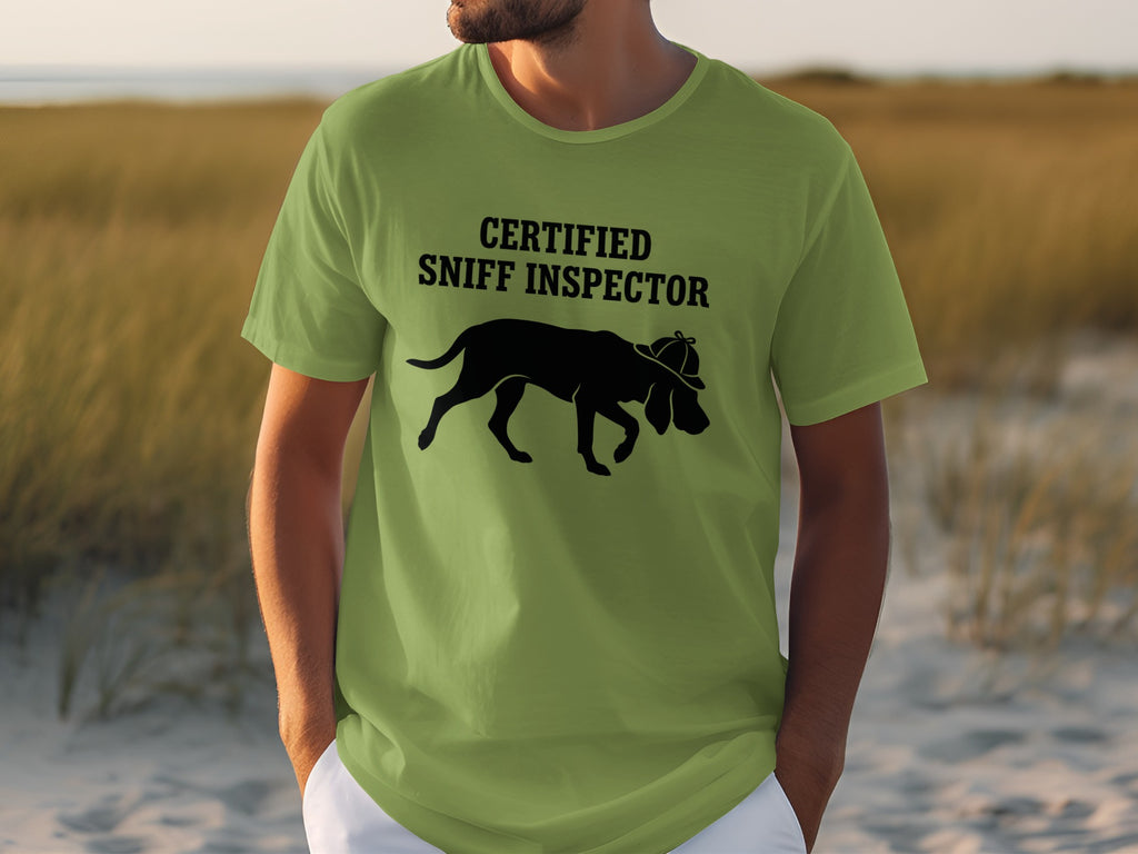 Green t-shirt with "Certified Sniff Inspector" and a dog silhouette.