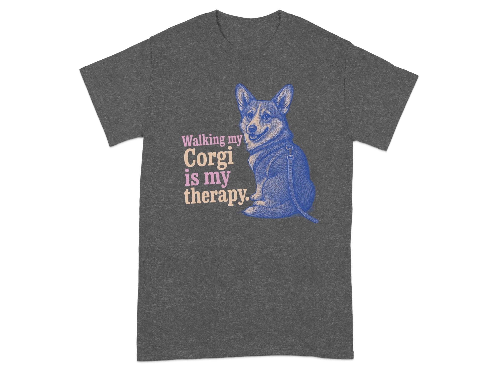 Dark grey t-shirt with a blue corgi illustration and text: "Walking my Corgi is my therapy."