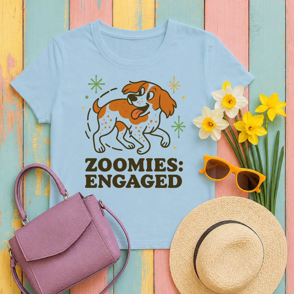 Brittany Spaniel Zoomies Engaged T-shirt in Light Blue