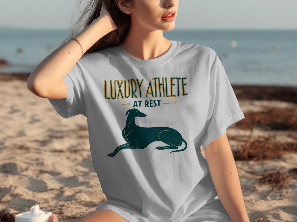 Grey t-shirt with "LUXURY ATHLETE AT REST" and a greyhound.