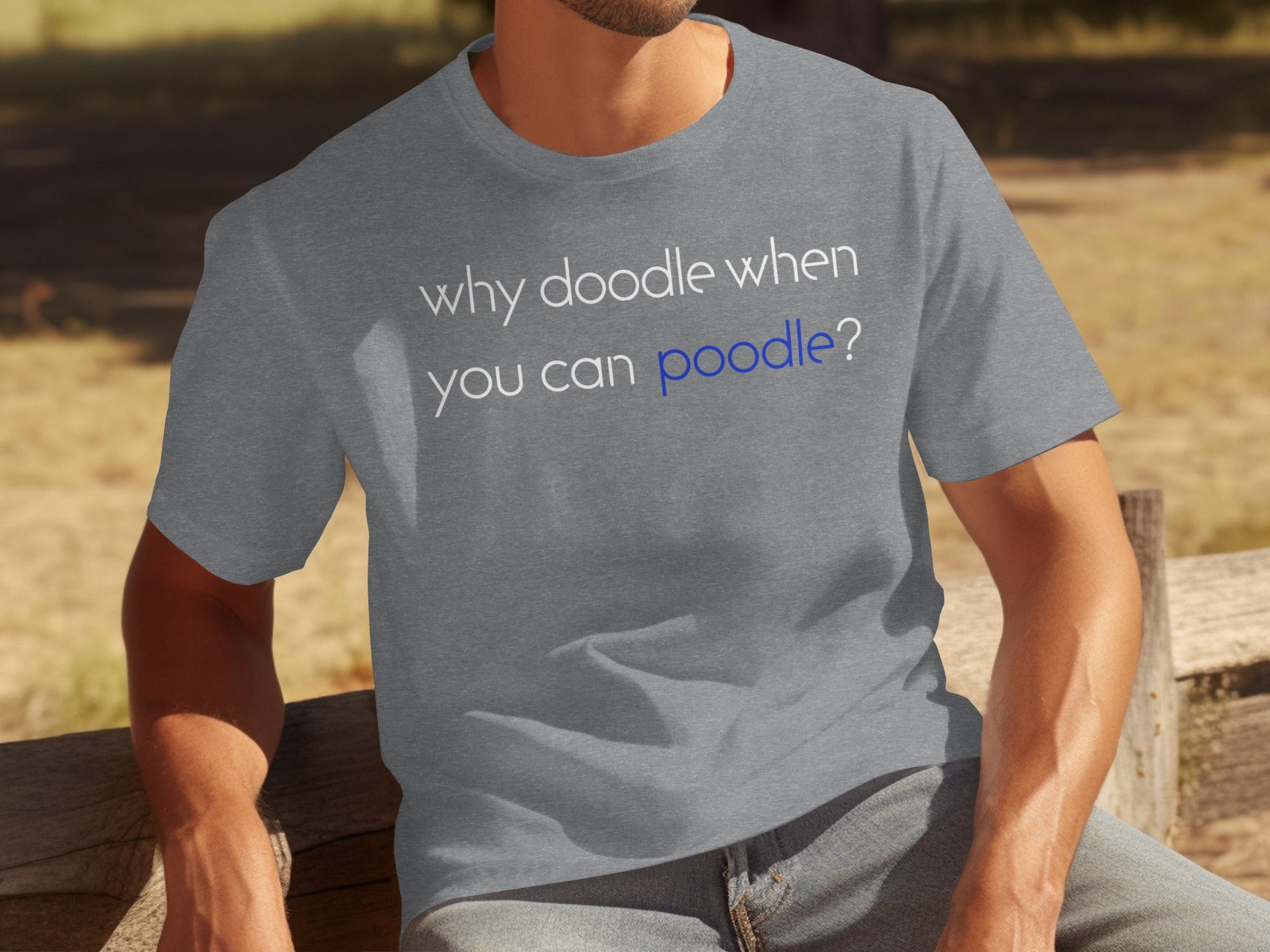 Grey t-shirt with white and blue text "why doodle when you poodle?".