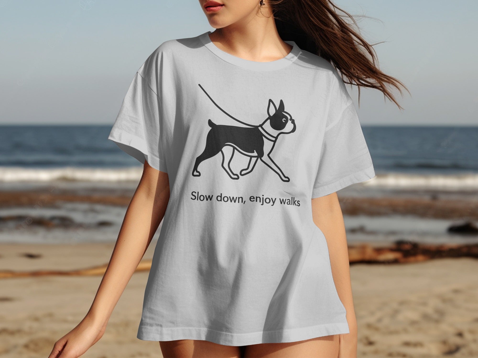 T-shirt with black Boston Terrier graphic and text "Slow down, enjoy walks".