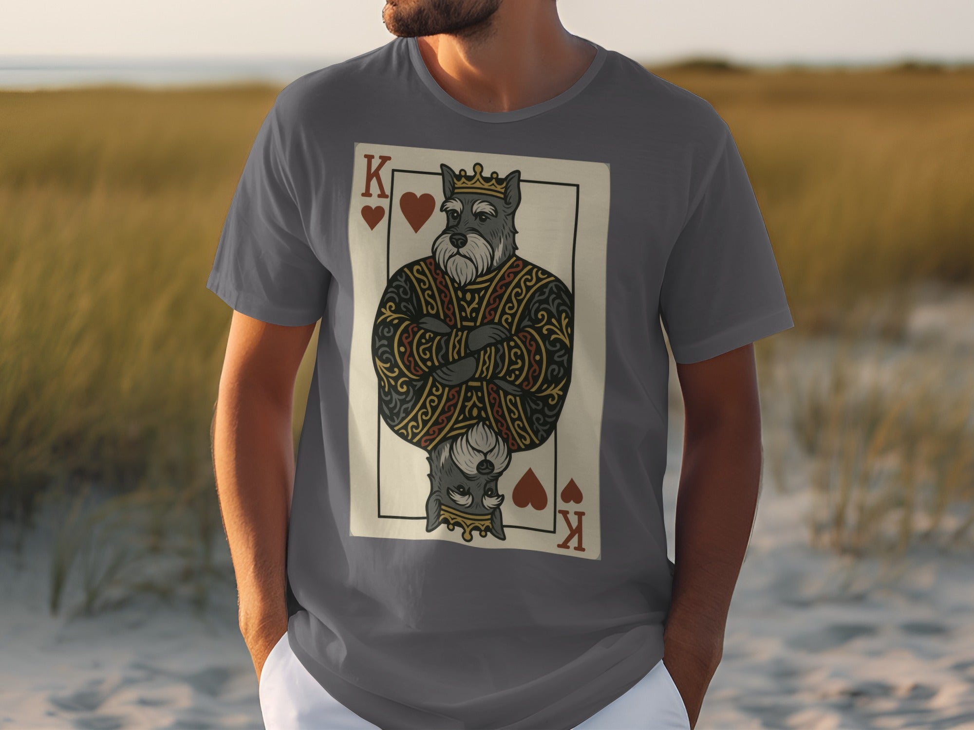 Grey t-shirt with a King of Hearts playing card design featuring a schnauzer dog.