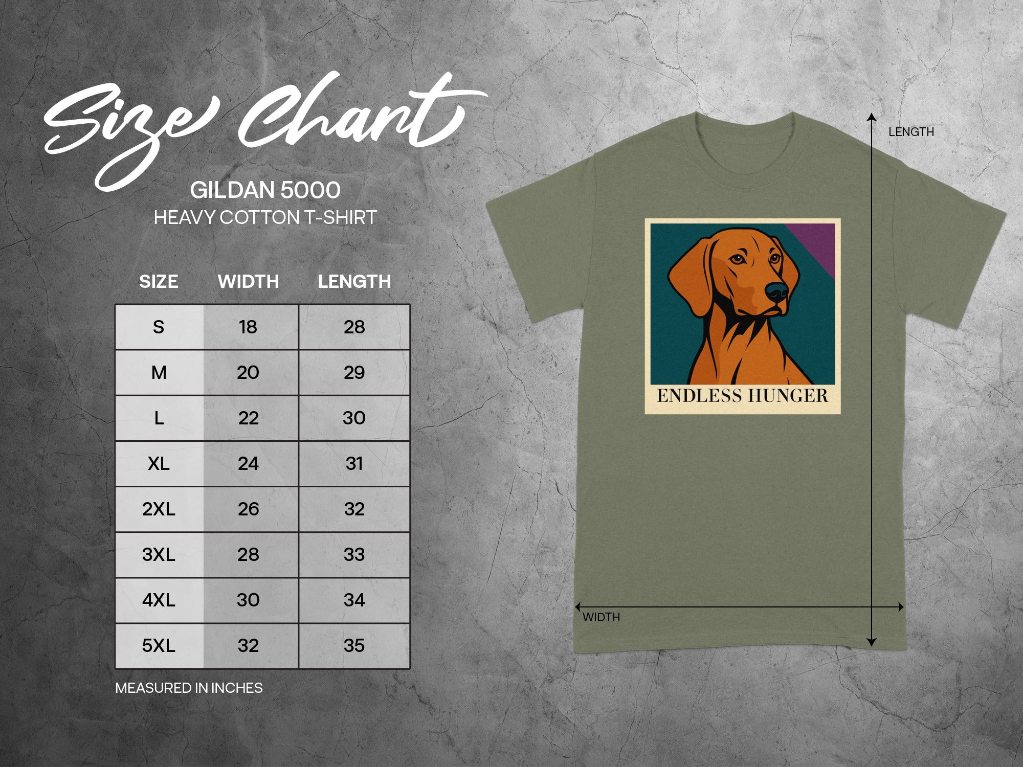 Gildan 5000 heavy cotton t-shirt size chart with dog graphic.