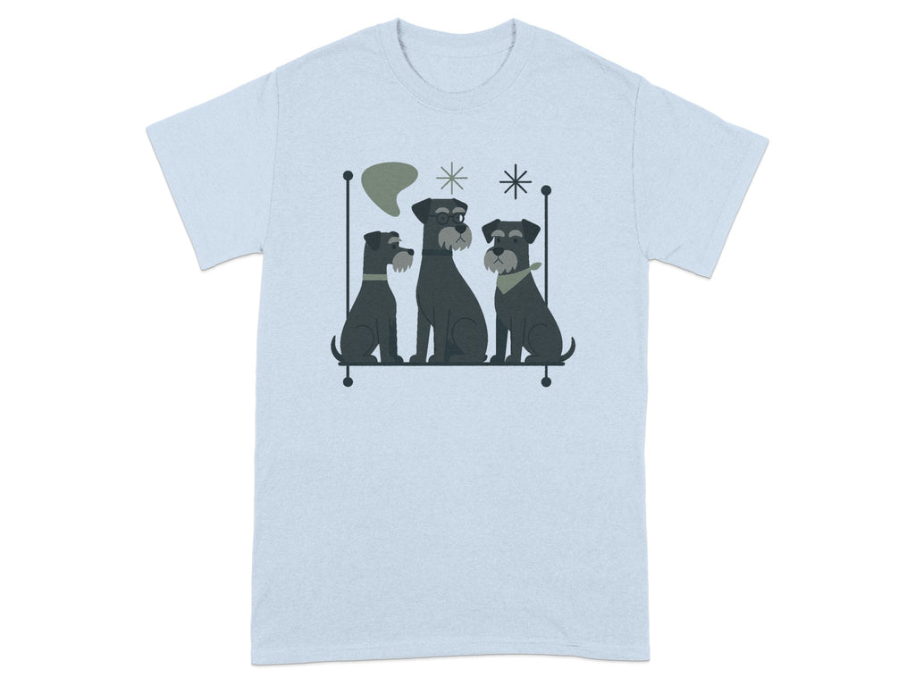 Three schnauzers sit on a shelf with abstract shapes.