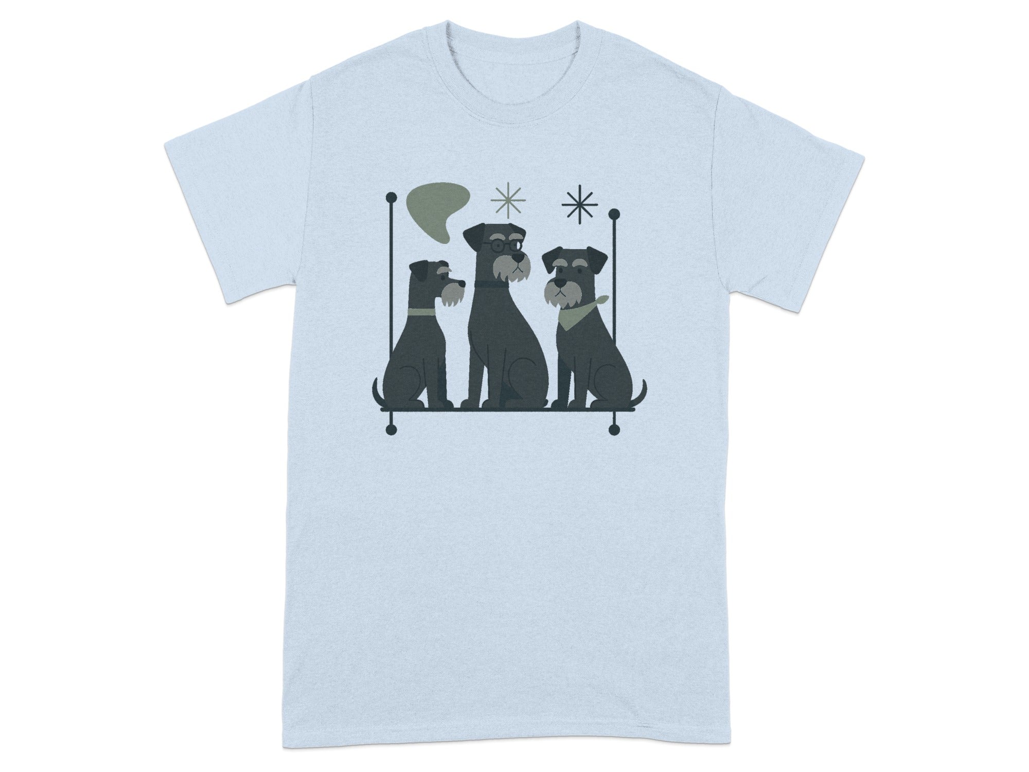 Three schnauzers sit on a shelf with abstract shapes.