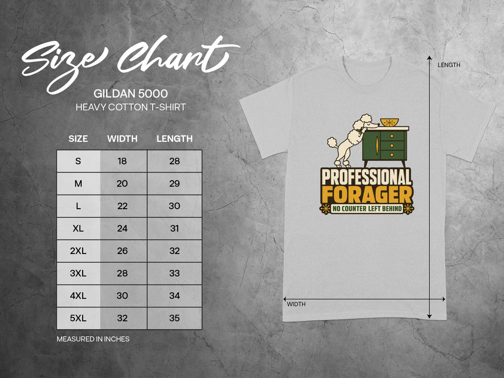 Gildan 5000 Heavy Cotton t-shirt size chart with "Professional Forager" graphic.