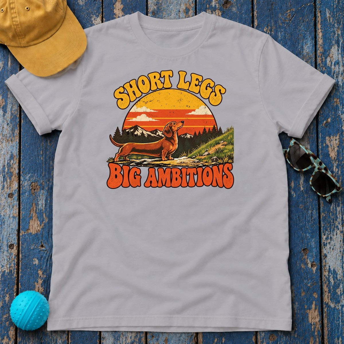 Short Legs Big Ambitions Dachshund T-Shirt in Athletic Heather - flat lay