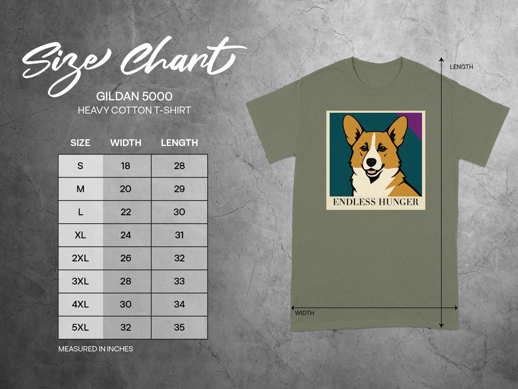 Gildan 5000 t-shirt size chart with corgi graphic and "Endless Hunger" text.