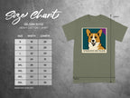 Gildan 5000 t-shirt size chart with corgi graphic and "Endless Hunger" text.
