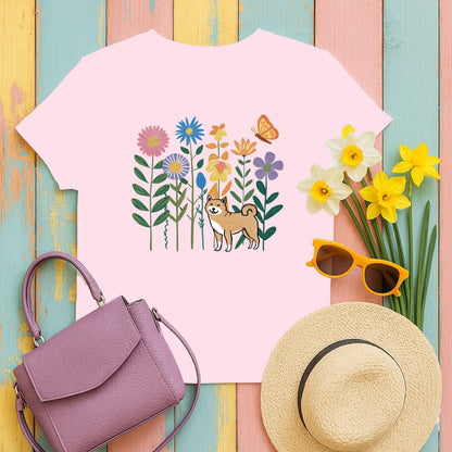 Cute Dog and Colorful Flowers Artwork on T-Shirt Product