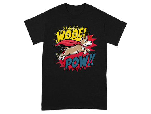 Woof Pow Superhero Dog Graphic Art T-shirt product type