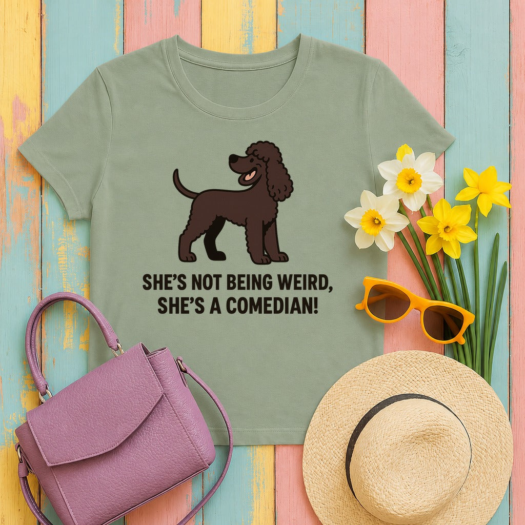 Irish Water Spaniel She's A Comedian Tee in Sage