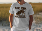 Gray t-shirt with "Nose Down. World Ignored." text and a dog on a grassy field.